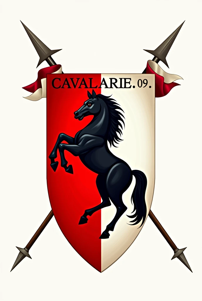 Coat of arms with the shield divided in half with the colors red and white from top to bottom, a black horse in the center of the shield, above the horse written "cavalaria", at the bottom of the shield a strip with the words "cpor/reef" and below in smaller letters "December 21, 2010" at the bottom of the coat of arms there are spears crossing behind and at the tip of the spears a red and white flag