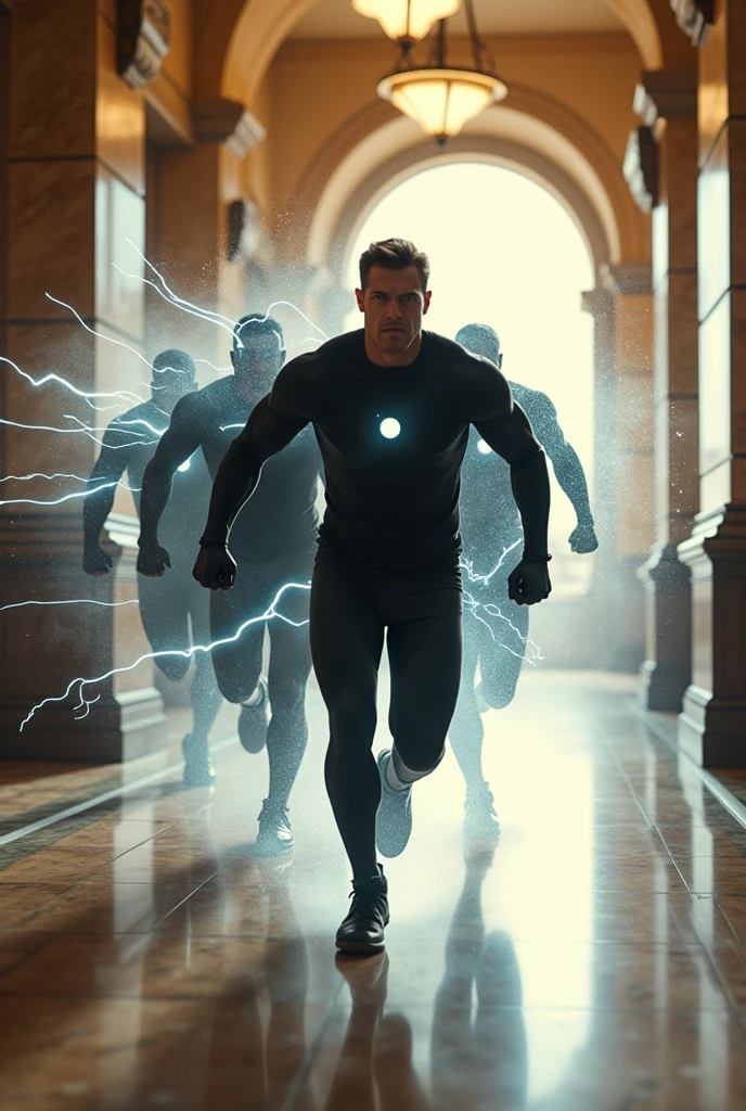 A dynamic shot showing John moving at super speed, depicted as a streak of light zipping through the bank. He is shown in multiple positions, disarming a robber, knocking another to the ground, and tying them up with rope, all within the same frame to emphasize his incredible speed.make the trails of thunder behind him be White and straight 