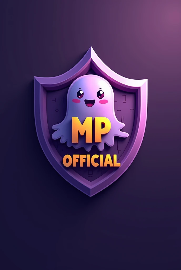 make a gaming MASCOT logo into a shield with purple color and cute ghost logo over it , having "MP OFFICIAL" TEXT WITH YELLOW COLOR ON IT , REALISTIC AND VISIBLE