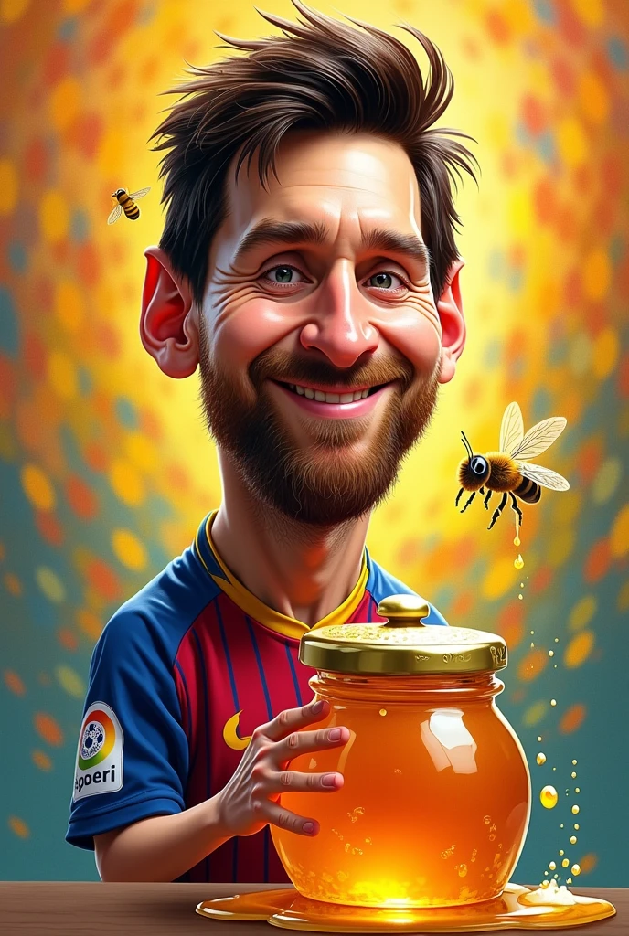 I want a Messi caricature where honey is in the foreground