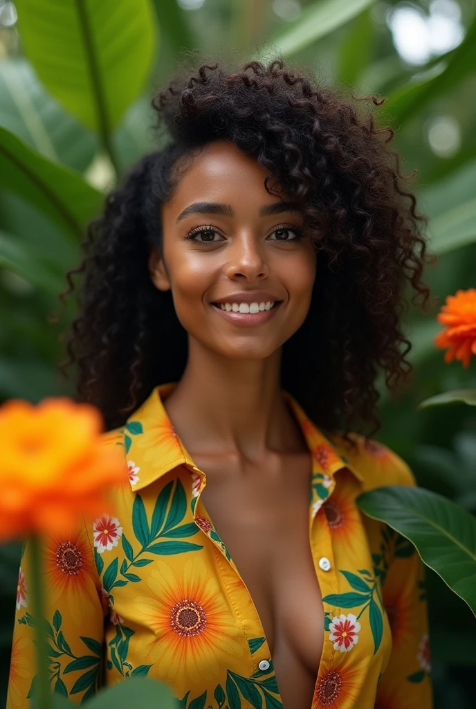 A Brazilian woman in a lush tropical garden, wearing an open shirt with a floral print, with a close-up capturing the harmonious beauty between her breasts and the natural flowers, showing off your natural charm and outgoing personality.