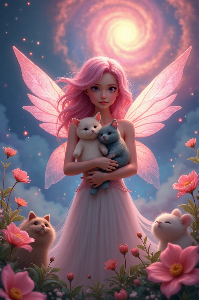 Pink haired fairy woman holding animals with flowers and nebula background