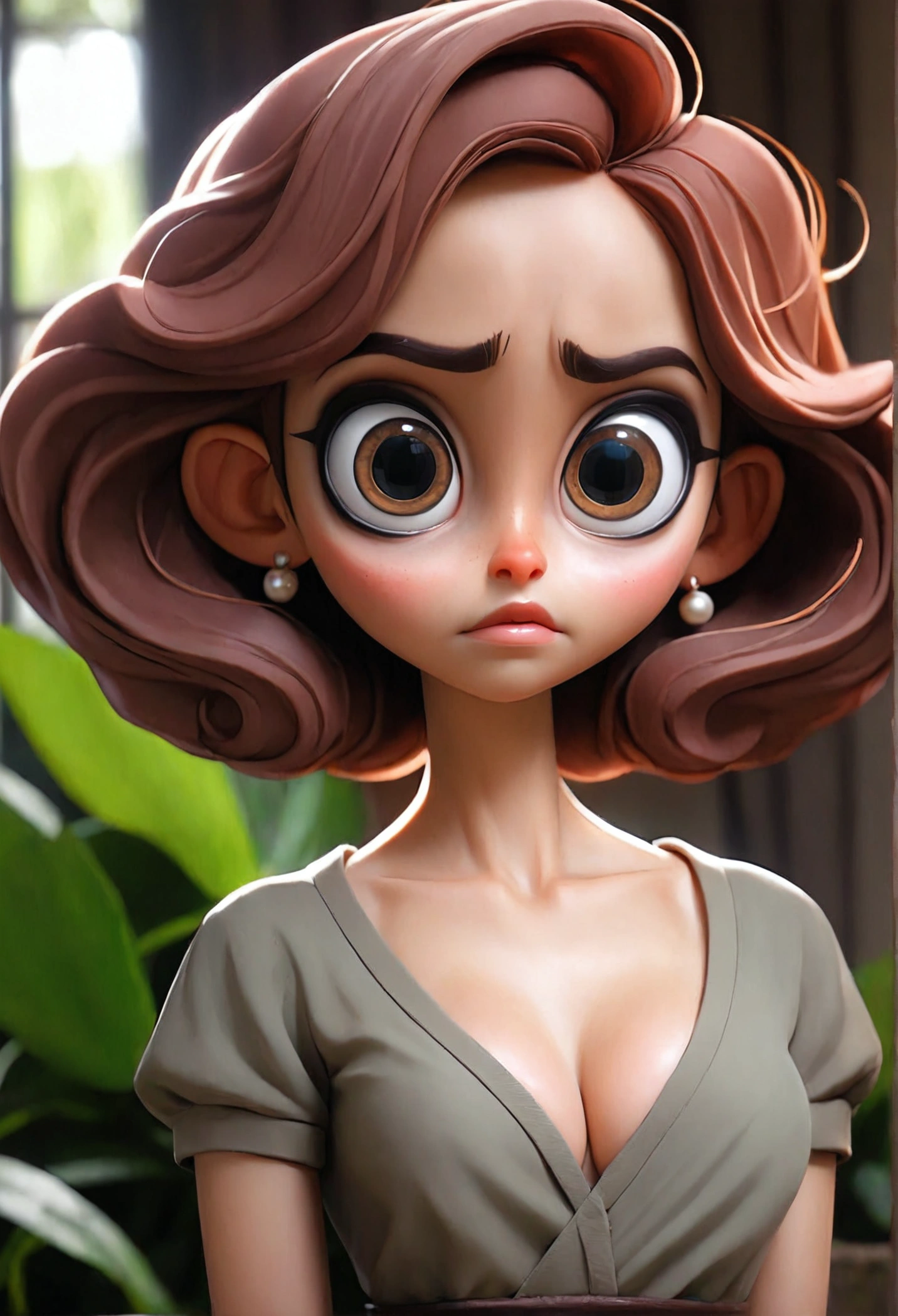 Girl with big eyes, a slim waist, and a beautiful large bust.