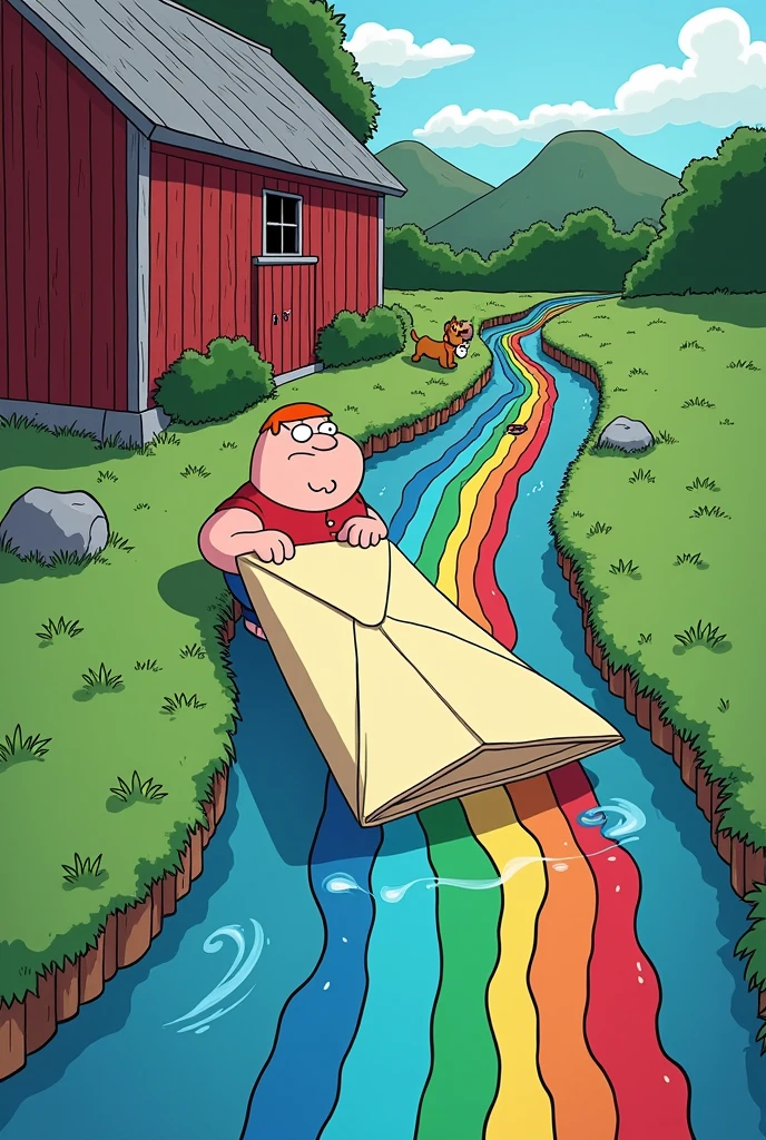 an envelope sliding down a flowing rainbow river with a barn as the background and grass on the side with Brian griffin asking a horribly drawn peter griffin “yeah this isn’t gonna end up being  sent to France”