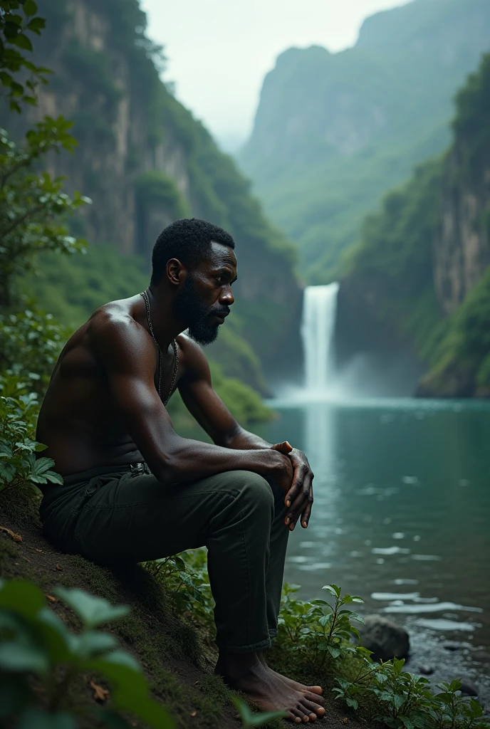 Dark-skinned man in a beautiful place with a broken heart and sad