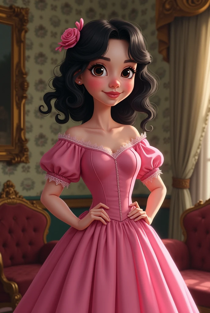 Enola in a pink dress from Enola Holmes