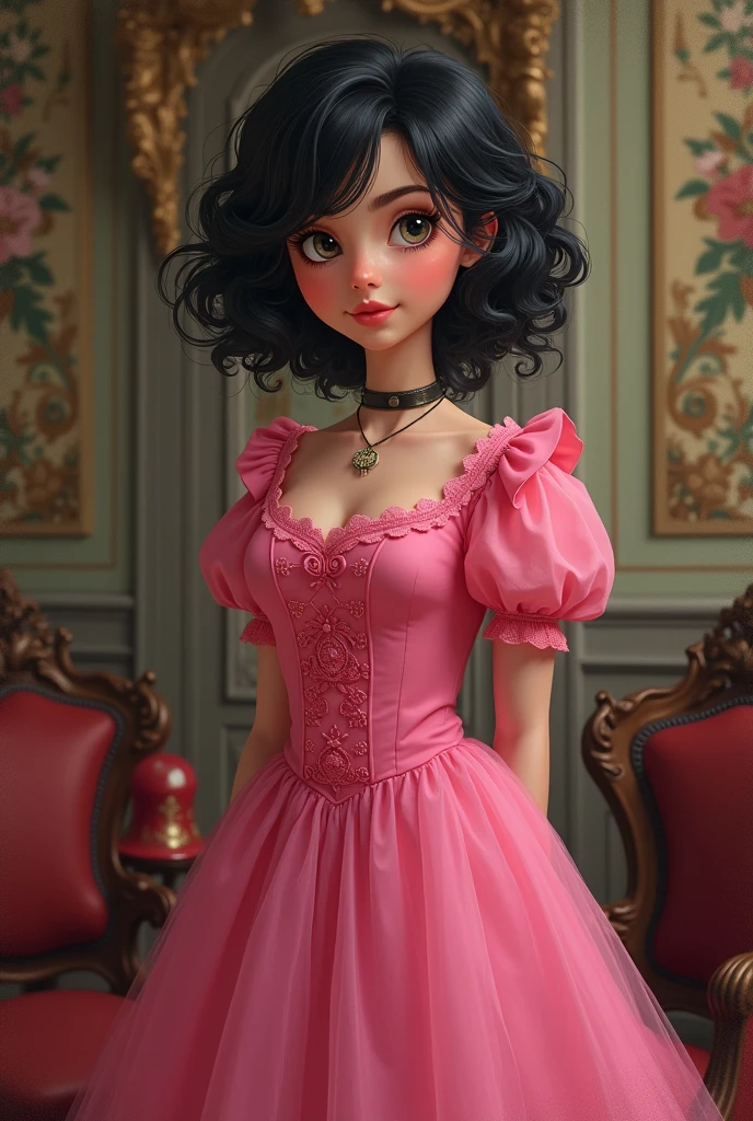 Enola in a pink dress from Enola Holmes