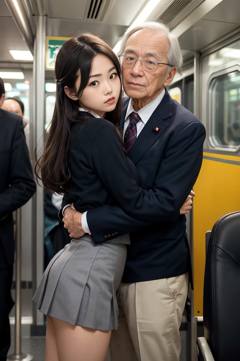 Browsing Caution, Crowded train, Japan , Handsome man hugging his girlfriend from behind, Talk in her ear, Lift her up, Miniskirt twisted up, 40k, photograph, masterpiece, Highest quality, Dark Gray Background, ((Japan girls' high school uniform)), An elderly man is leaning on her from behind、i held you up, Mr..々Strike a Pose.