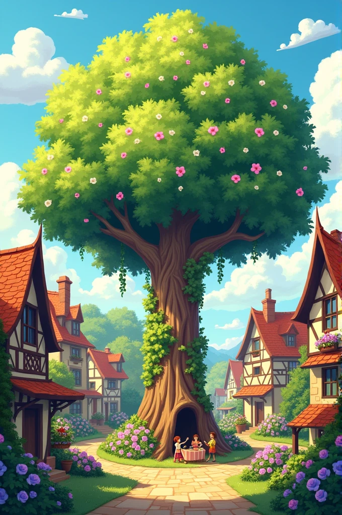 “Illustrate a quaint, small village with a vibrant tree in the center known as the Kindness Tree.