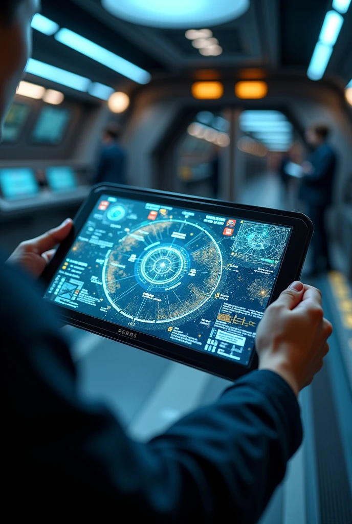 Spaceship internally, FIRST PERSON POINT of crew member holding a technological map with only the arms showing