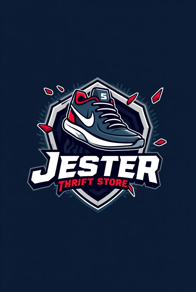 "Design a modern and dynamic store logo for a team named 'Jester Thrift Store'. The logo should feature a Sneaker theme, with a bold and energetic design. Include elements like a Sneaker, hoodie, and sock or stumps subtly integrated into the design. The color scheme should be a mix of dark blue, silver, white, and red to convey power and agility. The team name 'Jester Thrift Store' should be prominently displayed in a stylish, sporty font. The overall look should be sharp, professional, and suitable for a hoodie and merchandise."