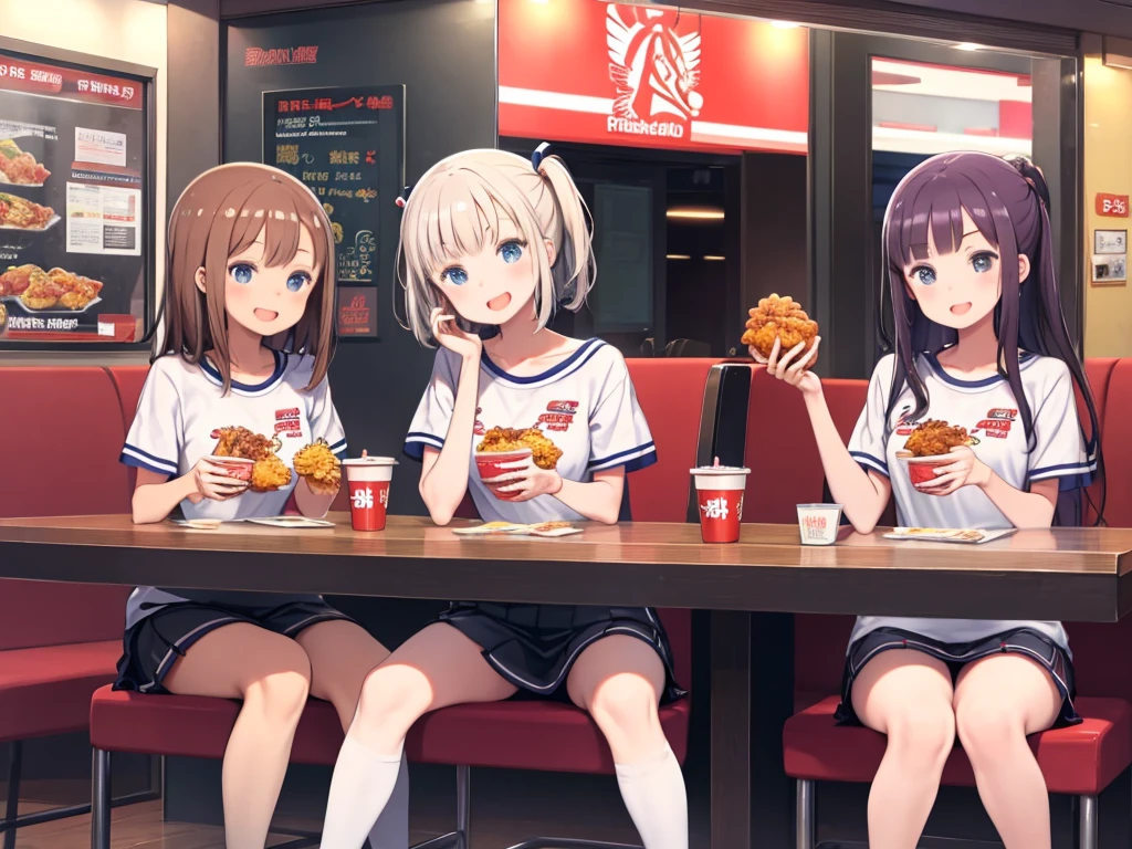 Two high school girls、friend、Eat fried chicken、Inside a Kentucky Fried Chicken store、Take a seat、smile、Open your mouth、