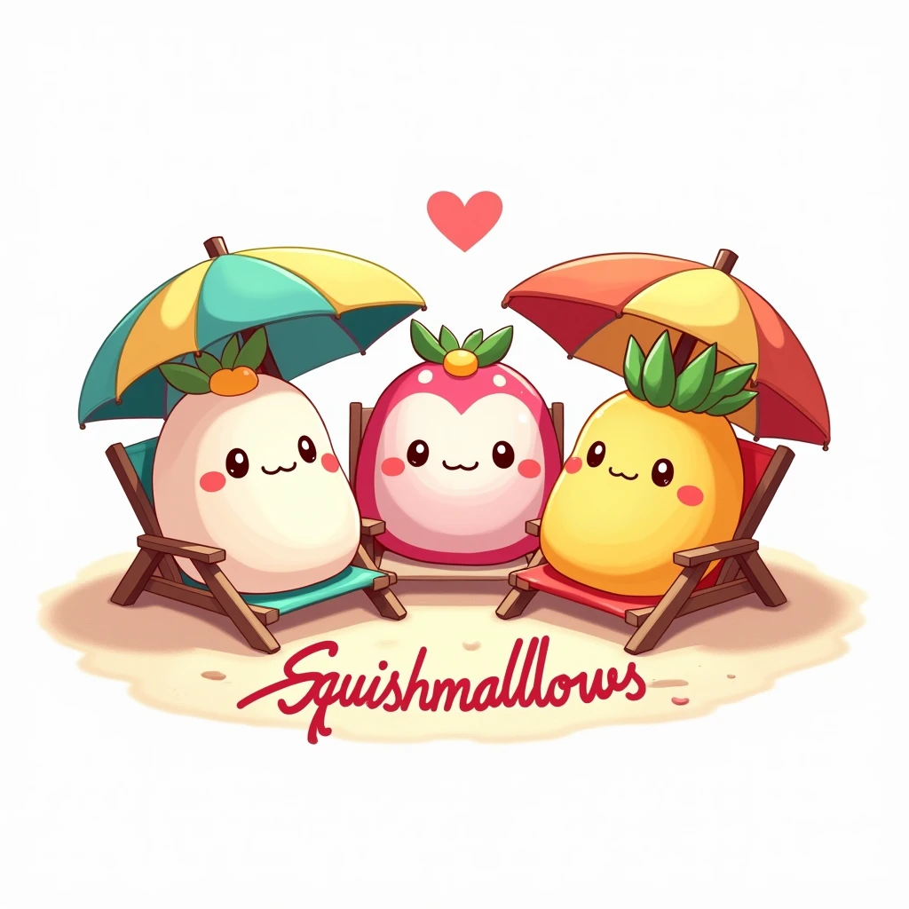 Draw in fun and detailed digital art style Create a Polaroid with a group of tropical fruit-shaped Squishmallows, like manga, coconut and passion fruit, everyone relaxing in beach chairs under colorful umbrellas.
 (Nota: the art of making with features of women&#39;s t-shirt prints !!) with some writing underneath composing, intertwined forming a heart, white background