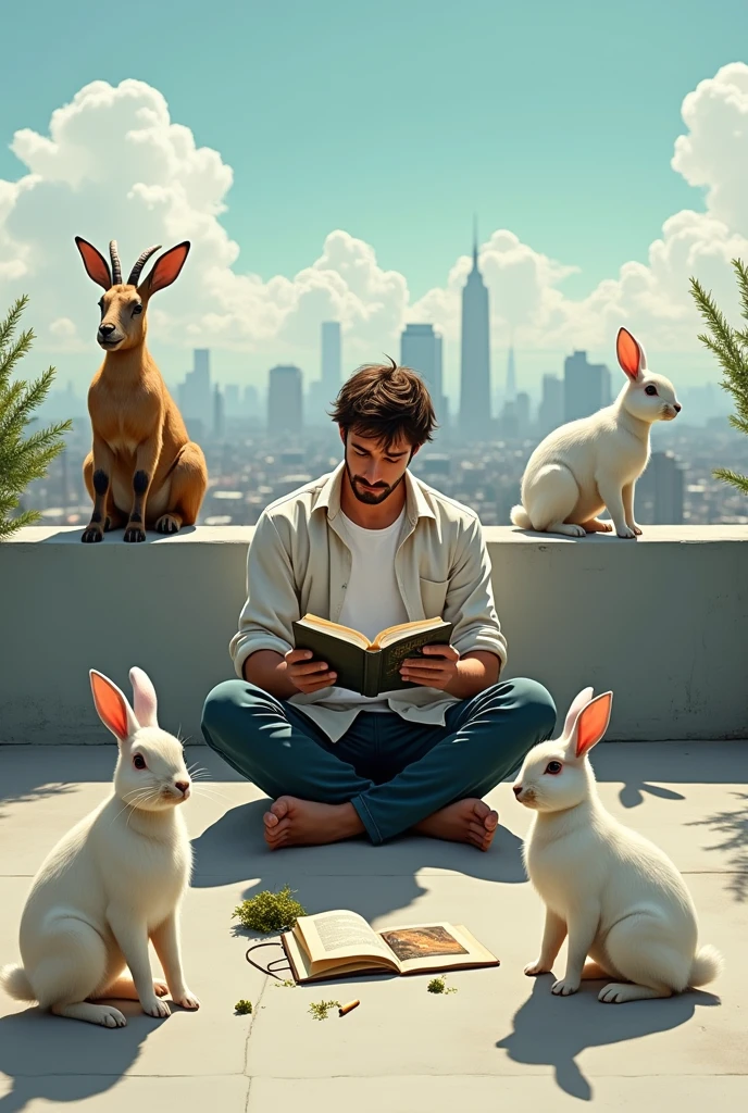 A man reading a book at rooftop with weed and some ciggerate also he has a two rabit beside the weed and he has two goat seating on the reeling and one old man cutting beef