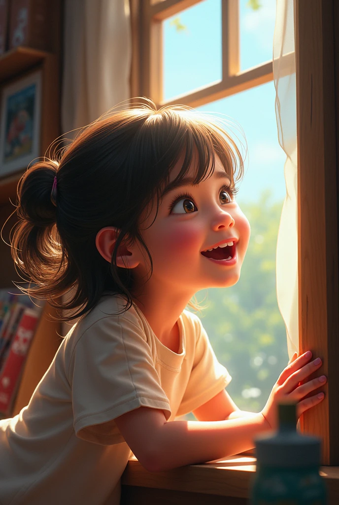 Girl looks from the front, looking out of a window, She looks very happy and surprised at what she is seeing, Everything looks very dynamic and her hair moves with the wind