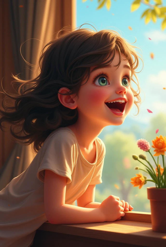 Girl looks from the front, looking out of a window, She looks very happy and surprised at what she is seeing, Everything looks very dynamic and her hair moves with the wind