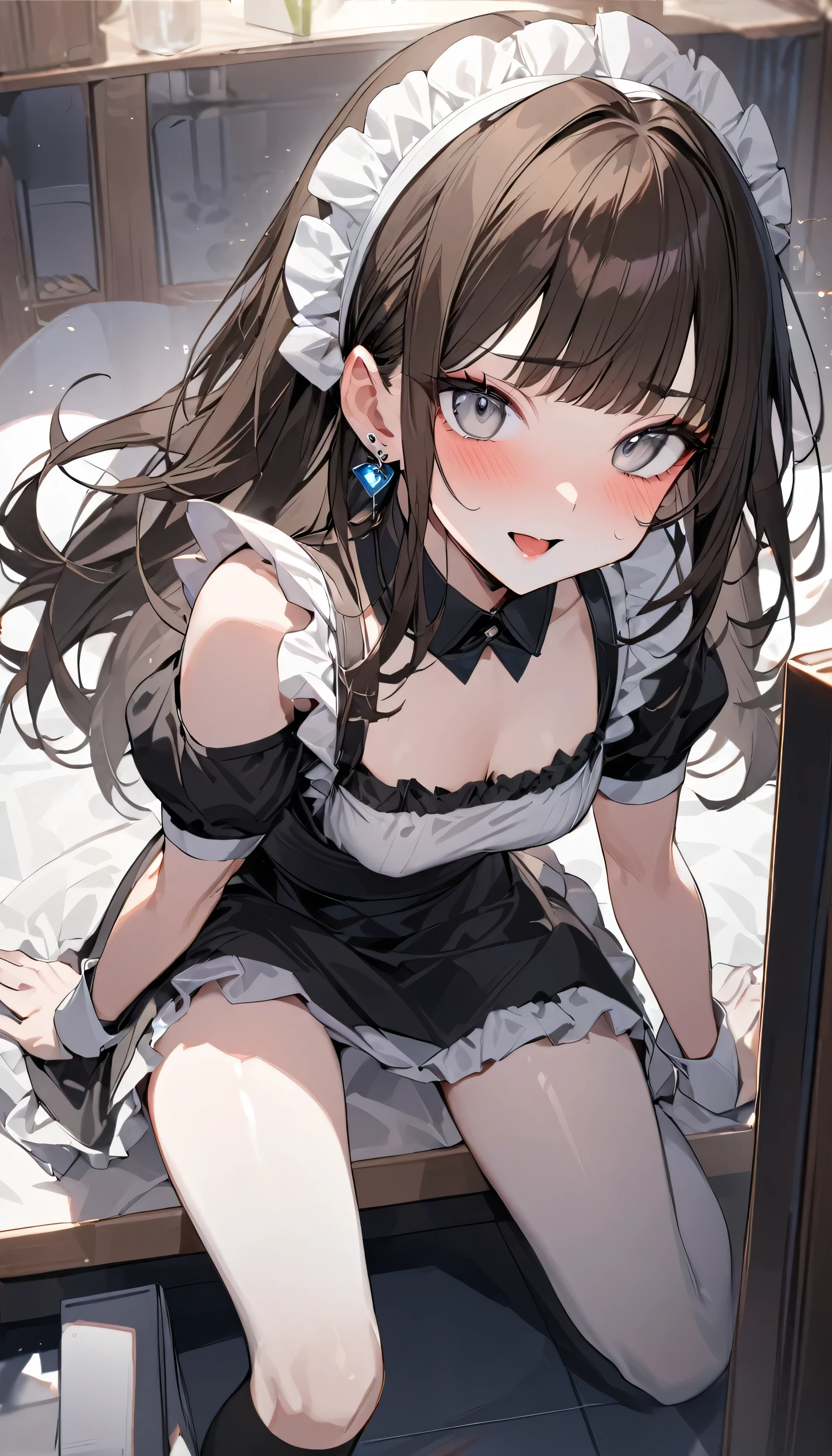 One Girl, Highest quality:1.5,maid,Knee-high socks:1.0,Absolute area,Natural Lip,Ecstatic expression:1.0,Black bob hair masterpiece, Cool girl, there are a lot of earrings, Earrings, Dark brown hair, Straight bangs, Grey Eyes, Pale skin, Gal, Improve