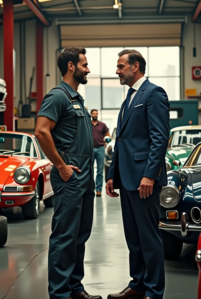 A large, old garage filled with classic cars such as Porsche, Ferrari, and BMW. The garage has a vintage, slightly worn look, with tools and car parts scattered around. Three mechanics are present, all wearing mechanic uniforms. One mechanic, the boss, is a tall, muscular yet naturally built dark-haired man with light stubble. He is dressed in a typical mechanic's outfit and is observing the other mechanics at work while conversing with a businessman. The businessman is a tall, clean-shaven blond man in his 40s, wearing a dark blue suit with a gold watch. The mechanics are busy; one is focused on working under the hood of a car, looking deeply concentrated. The lighting is warm, highlighting the rich details of the classic cars and the industrious atmosphere of the garage.