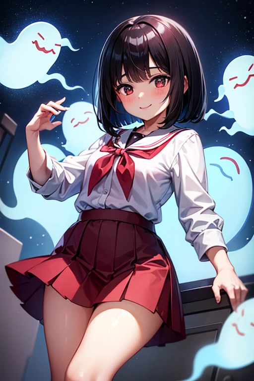 Young, , black hair, bob hair, white blouse, red skirt, school toilet, Hanako, smile, night, fun, lively, ghost