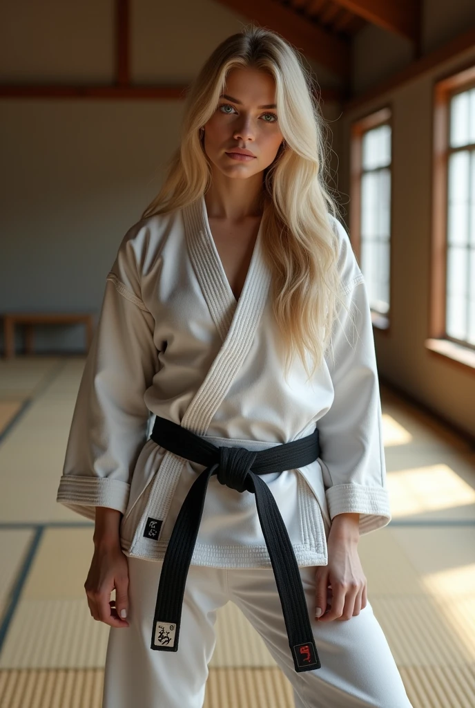 Create a realistic image of a 20 year old woman, long blond hair, blue eyes, cheekbones, ((full body)), Dressed in judo outfit, black belt, doing a hold (Ippon seio Nage), background image: a judo room (a dojo) with lots of mats and tatami, head to toe, full body, hyper realistic photo