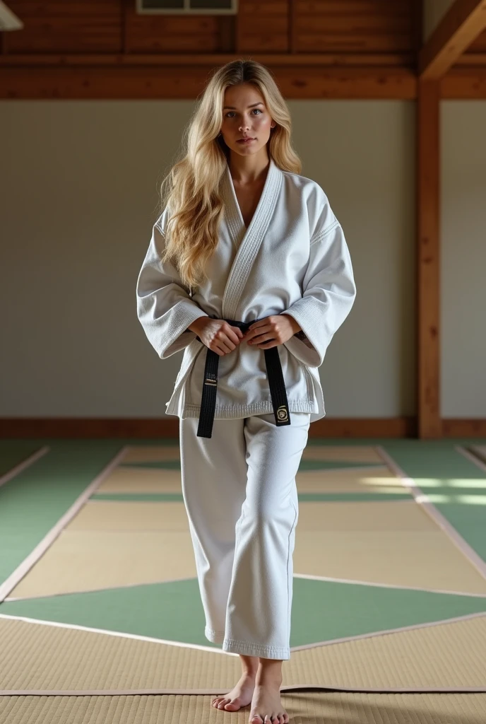 Create a realistic image of a 20 year old woman, long blond hair, blue eyes, cheekbones, ((full body)), Dressed in judo outfit, black belt, doing a hold (Ippon seio Nage), background image: a judo room (a dojo) with lots of mats and tatami, head to toe, full body, hyper realistic photo