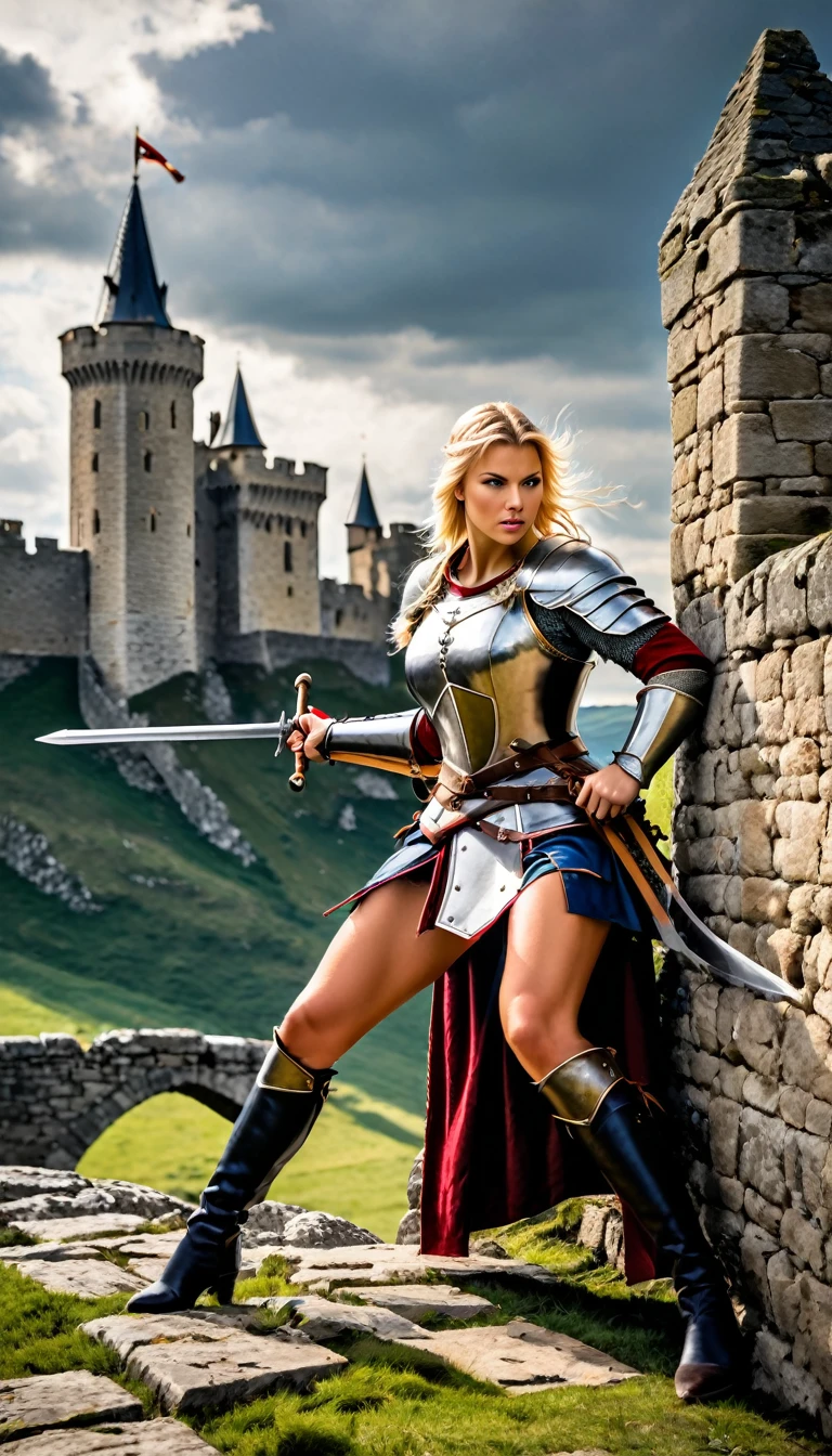 Blond female medieval warrior in the midst of a battle on top a castle wall