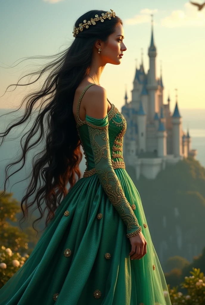 Princess with long dark hair in profile wearing a green and gold dress with a castle in the background