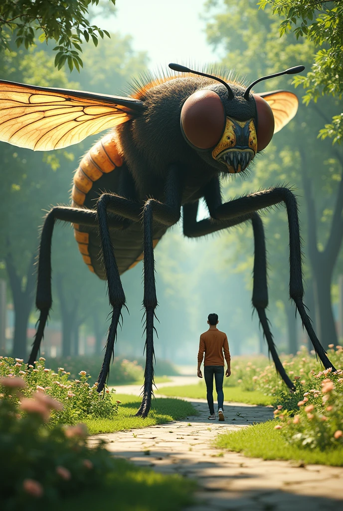 Giant fly standing next to man in park 