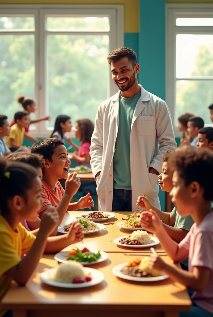 Brazilian children eating in a school cafeteria and a male nutritionist in a white coat watching them