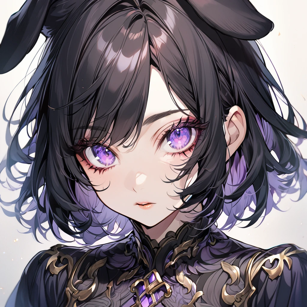 1girl, solo, (dog ears), (dog girl), black hair, (purple eyes), short hair, detailed face, medium breasts, long eyelashes, mature, wispy side bangs