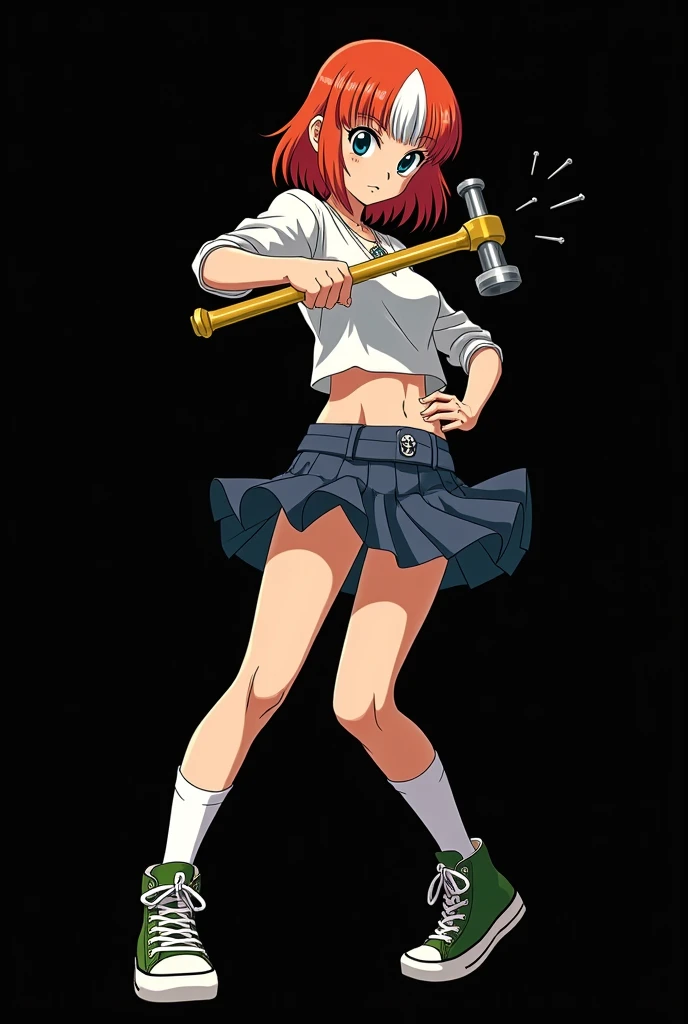 A full body image of an 1 girl named Hana Watanabe, personagem do anime "dragonball z", she is very beautiful, with medium length straight fire-colored hair with two white highlights in the front, framing your face. She has blue-green eyes and pale skin.. she is a Wiccan, she is in fighting pose. she wears a pentagram necklace, croped, glued skirt, beautiful women's high-top shoes and ¾-long socks, she holds a common nail hammer and nails. It is drawn with Akira Toryama's animation. black backdrop.