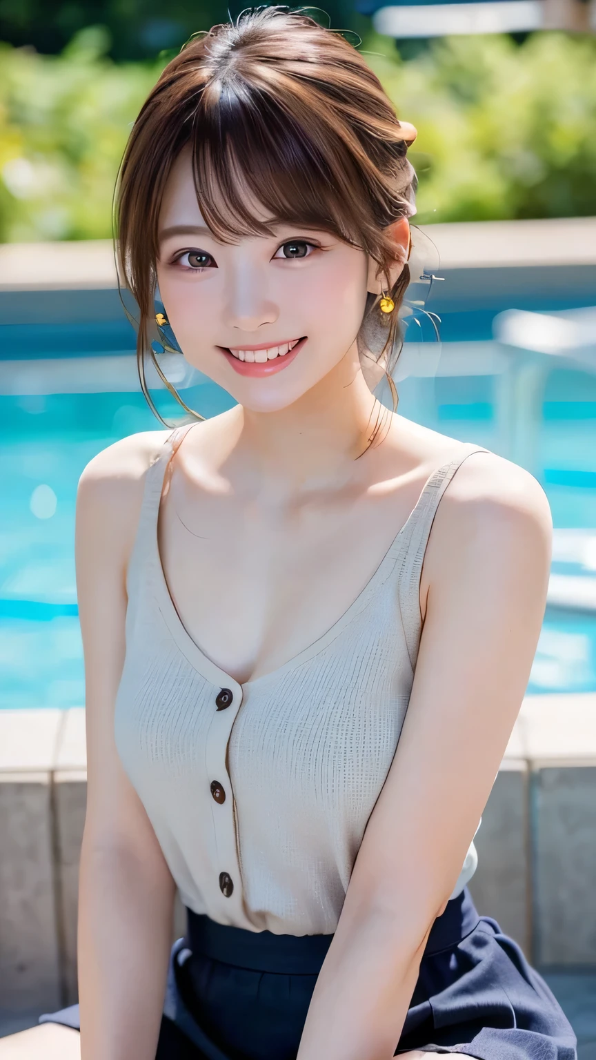 (Highest quality, DSLR shot, 8k, best quality, high resolution, highest quality, highest resolution, very beautiful woman, perfect anatomy), bright brown eyes, very bright brown eyes, small diamond-shaped earrings, looking directly at the camera, beautiful brown hair, ((, loosely cute medium ponytail)), very short and beautiful bangs on brown hair, E-cup chest, random cute gravure pose that doesn’t show the décolletage, very beautiful 20-year-old, lip gloss, very happy smile, very cute smile, upper teeth, beautiful teeth, (random summer beautiful sea or pool horizon (background only)), slightly large eyes, small face, tall supermodel, beautiful body-shaped model, random cute pose, dynamic angle, eye focus, head tilt, very detailed and realistic, very beautiful 20-year-old, ((medium shot)), sharp jawline, ((button-front skirt + simple top)), deep waist curve, sexy legs, side view, very joyful smile, laughing, summer afternoon.
