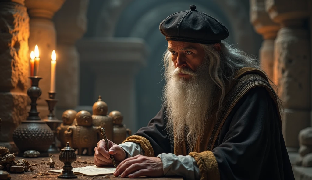 Michael Nostradamus has an oval face and a serious expression, a long beard and long, wavy dark white hair. He usually wears 16th century clothing, including a cloak or cape and a beret-type hat. His eyes are piercing and contemplative. in a temple thinking standing with a friend trying to visualize the future through sacred objects that reflect light