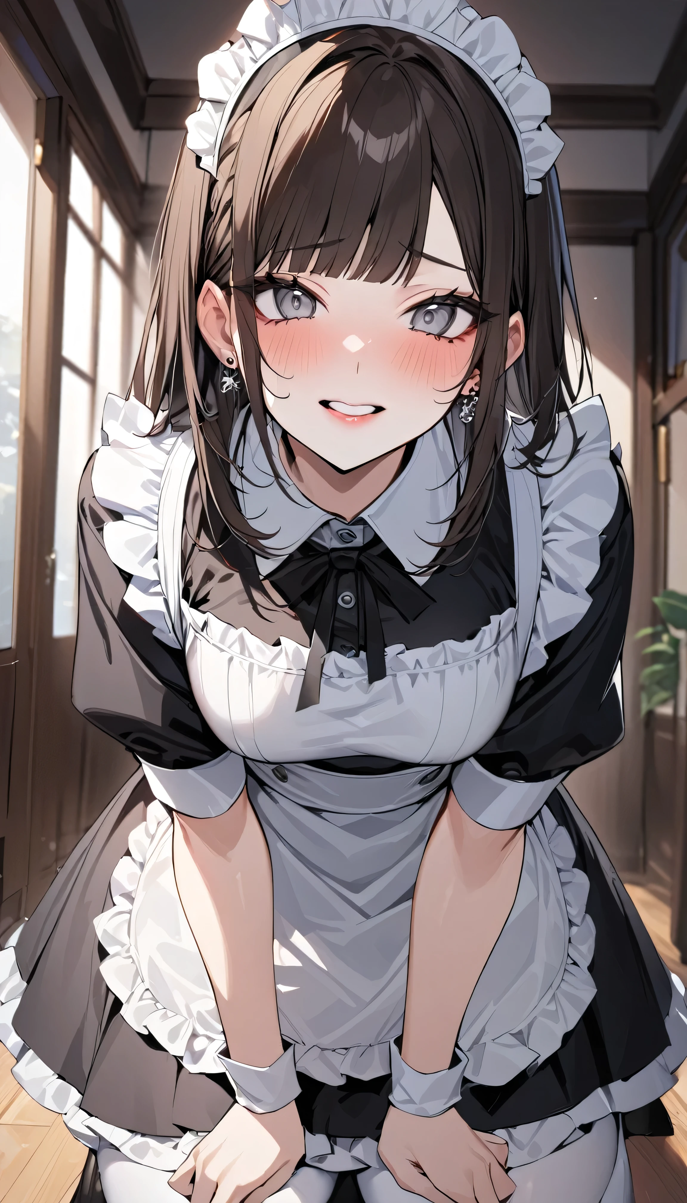 Black Hair Brown eyes anime Baby Face Large Breasts Open your mouth Maid clothes