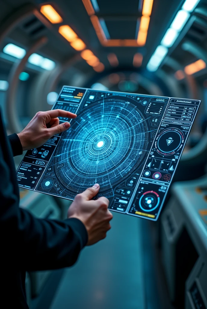 Spaceship internally, FIRST PERSON POINT of crew member holding a technological map with only the arms showing