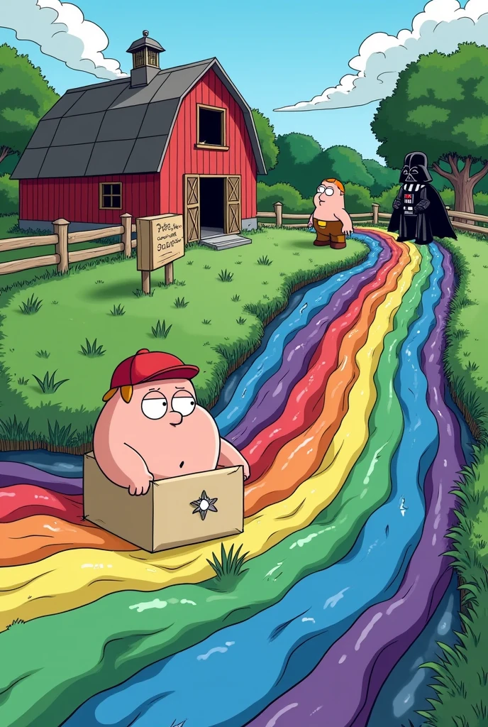 an envelope sliding down a flowing rainbow river with a barn as the background and grass on the side with Brian griffin asking a horribly drawn peter griffin “yeah this isn’t gonna end up being  sent to France”and darth Vader hiding in the background 