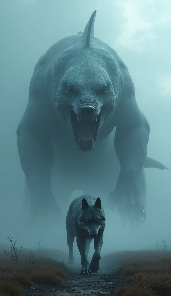 Gigantic mix breed of shark and wolf walking across a plain in the distance amid fog, blue haze, dark clouds, grimdark ,supense, unearthly, octan render, unreal engine , photorrealistic, hyper realism, highy detailed, high qualiy, intrincately detailed,Volumetric lighting, full character, 4K, ,hard disk ,Full HD, 8k, RTX, high resolution, detailed shadows, incredibily detailed, perfect, Dramatic scale