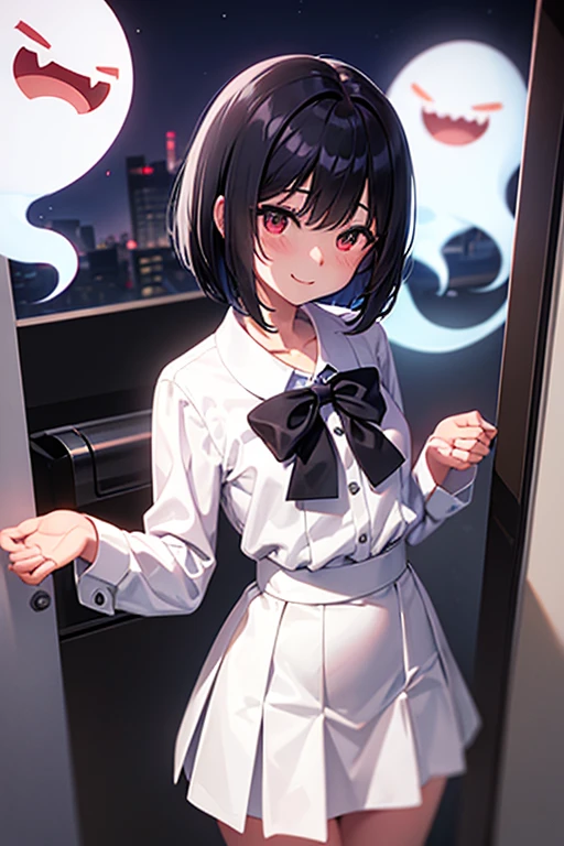 Young, Elementary school student, Black hair, Bob hair, Flat chest, White blouse, Red skirt, School toilet, Hanako, Smile, Night, Fun, Cheerful, Ghost