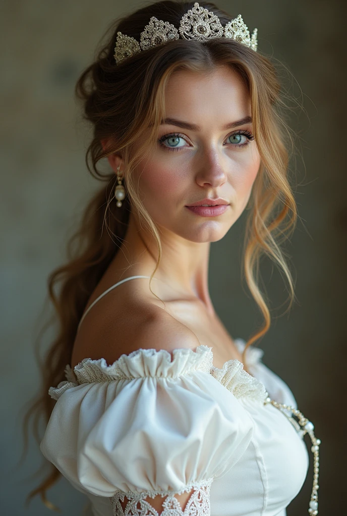 slavic woman, cabelos loiros e longos, blue colored eyes, royaltly, white gown, 2