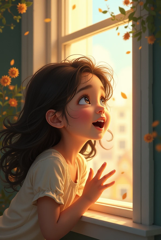 Girl looks out from a window, She looks out and looks very happy and surprised at what she is seeing., Everything looks very dynamic and her hair moves with the wind