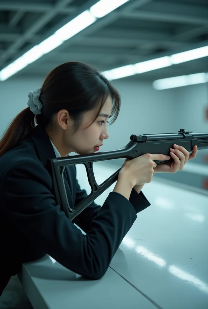 beautiful chinese office lady prone position shooting range rifle aiming