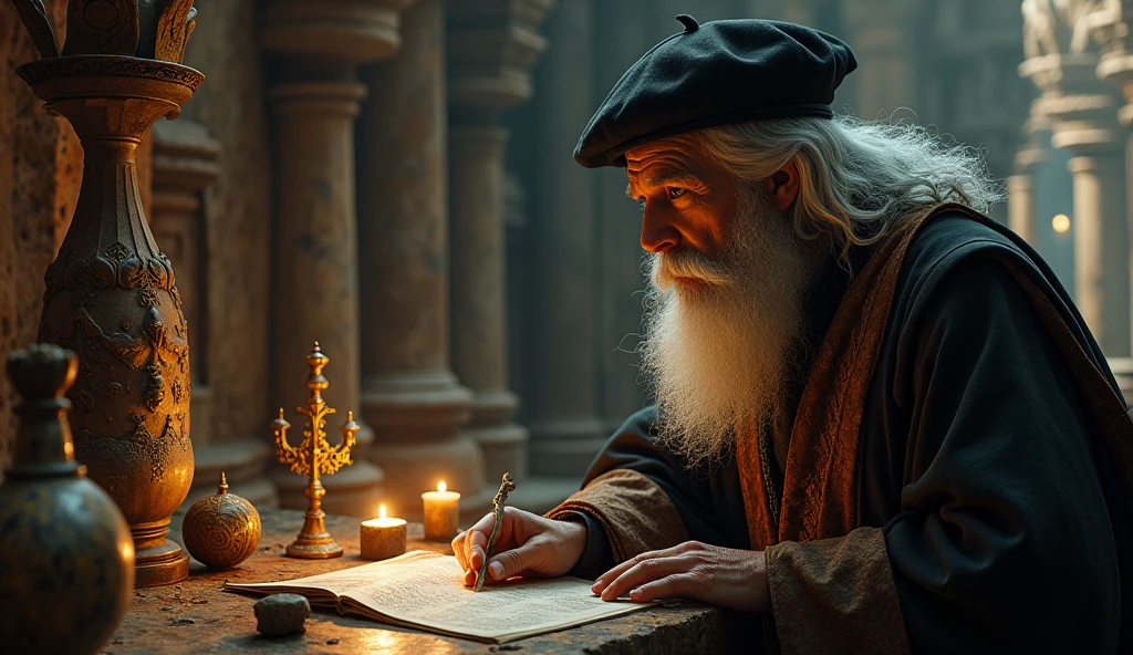 Michael Nostradamus has an oval face and a serious expression, a long beard and long, wavy dark white hair. He usually wears 16th century clothing, including a cloak or cape and a beret-type hat. His eyes are piercing and contemplative. in a temple thinking standing with a friend trying to visualize the future through sacred objects that reflect light