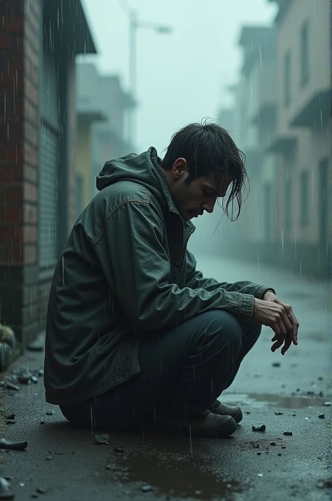 A person who has no money left is poor and sits in the rain