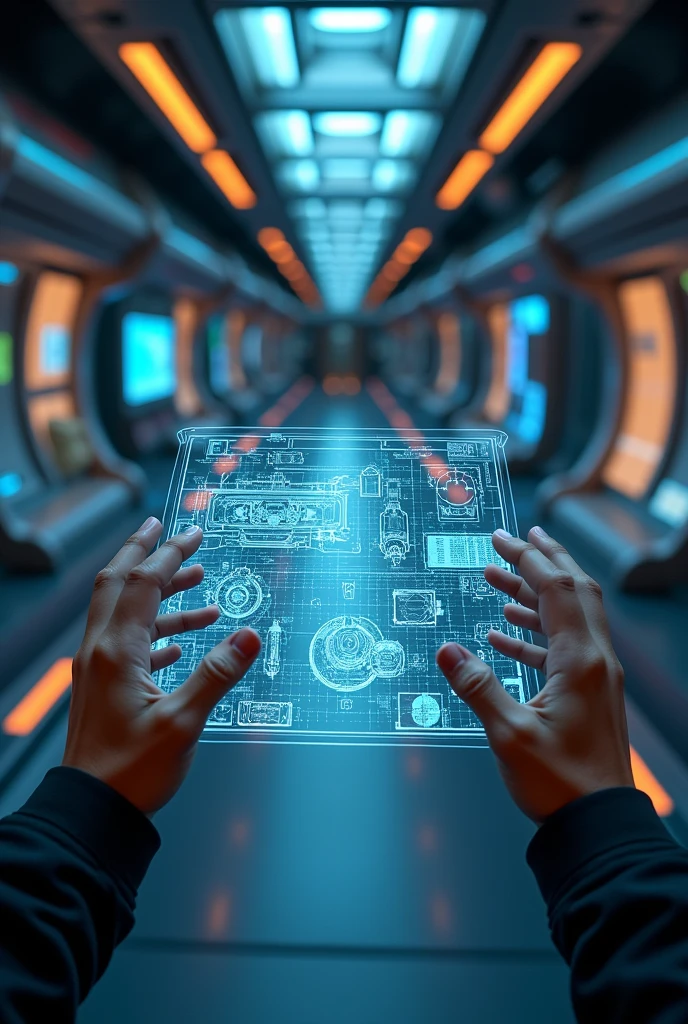 Spaceship internally, FIRST PERSON POINT of crew member holding a technological map of spacecraft locations with only the arms showing