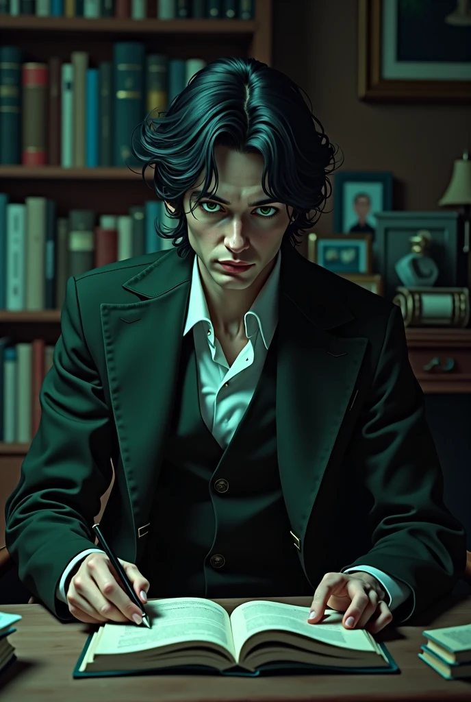 Tall thin man, cloudy green eyes, raven hair, ear length hair, jade like skin, pale skin, british professor outfit, cosy room, cold colors