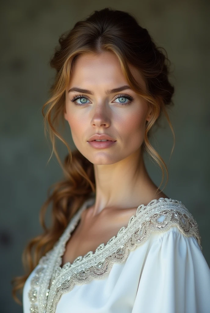 slavic woman, cabelos loiros e longos, blue colored eyes,  royaltly, white gown, 2