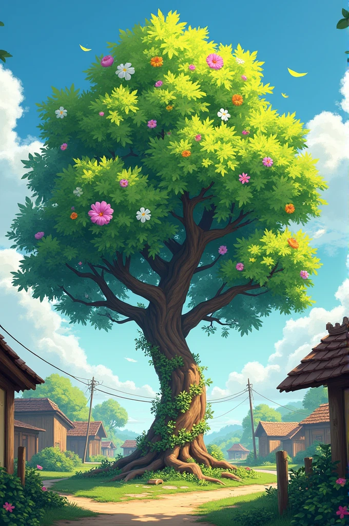 . The tree should have lush, green leaves, colorful flowers, and branches stretching high, symbolizing its connection to the villagers’ kindness.