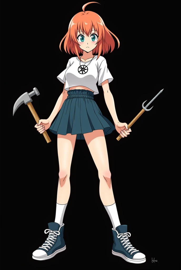 A full body image of an 1 girl named Hana Watanabe, personagem do anime "dragonball z", she is very beautiful, with medium length straight fire-colored hair with two white highlights in the front, framing your face. She has blue-green eyes and pale skin.. she is a Wiccan, she is in fighting pose. she wears a pentagram necklace, croped, glued skirt, beautiful women&#39;s high-top shoes and ¾-long socks, she holds a nail hammer and nails. It is drawn with Akira Toryama&#39;s animation. black backdrop.