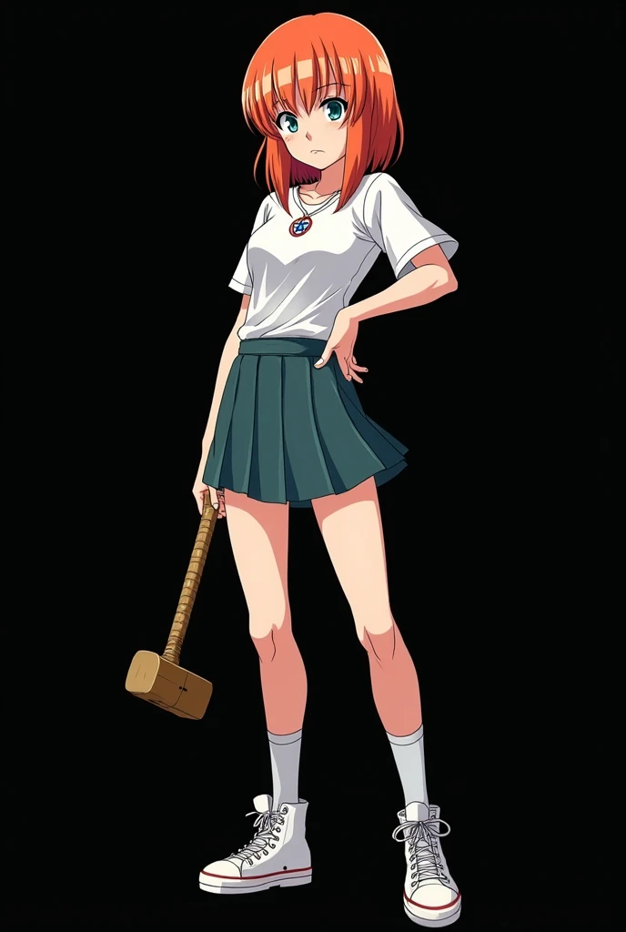 A full body image of an 1 girl named Hana Watanabe, personagem do anime "dragonball z", she is very beautiful, with medium length straight fire-colored hair with two white highlights in the front, framing your face. She has blue-green eyes and pale skin.. she is a Wiccan, she is in fighting pose. she wears a pentagram necklace, croped, glued skirt, beautiful women&#39;s high-top shoes and ¾-long socks, she holds a nail hammer and nails. It is drawn with Akira Toryama&#39;s animation. black backdrop.
