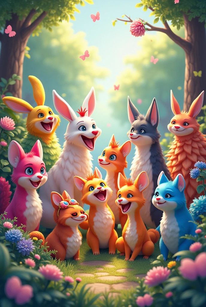 a colorful illustration of animals, cute animal characters, detailed animal features, bright vivid colors, whimsical style, soft lighting, fantasy art, digital painting, highly detailed, intricate details, maximum quality, 4k, 8k, photorealistic, hyperrealistic, insanely detailed, incredibly realistic, masterpiece, professional quality, sharp focus, ultra-fine details, physically-based rendering, vibrant colors, dynamic composition, magical atmosphere, playful and imaginative, children's book illustration style